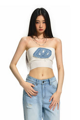 Knitted Denim Embroidered Bandeau Top - CHINASQUAD