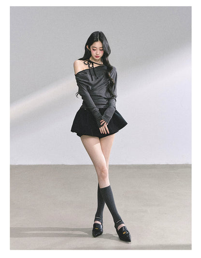 Off-Shoulder Halter Long-Sleeve T-Shirt