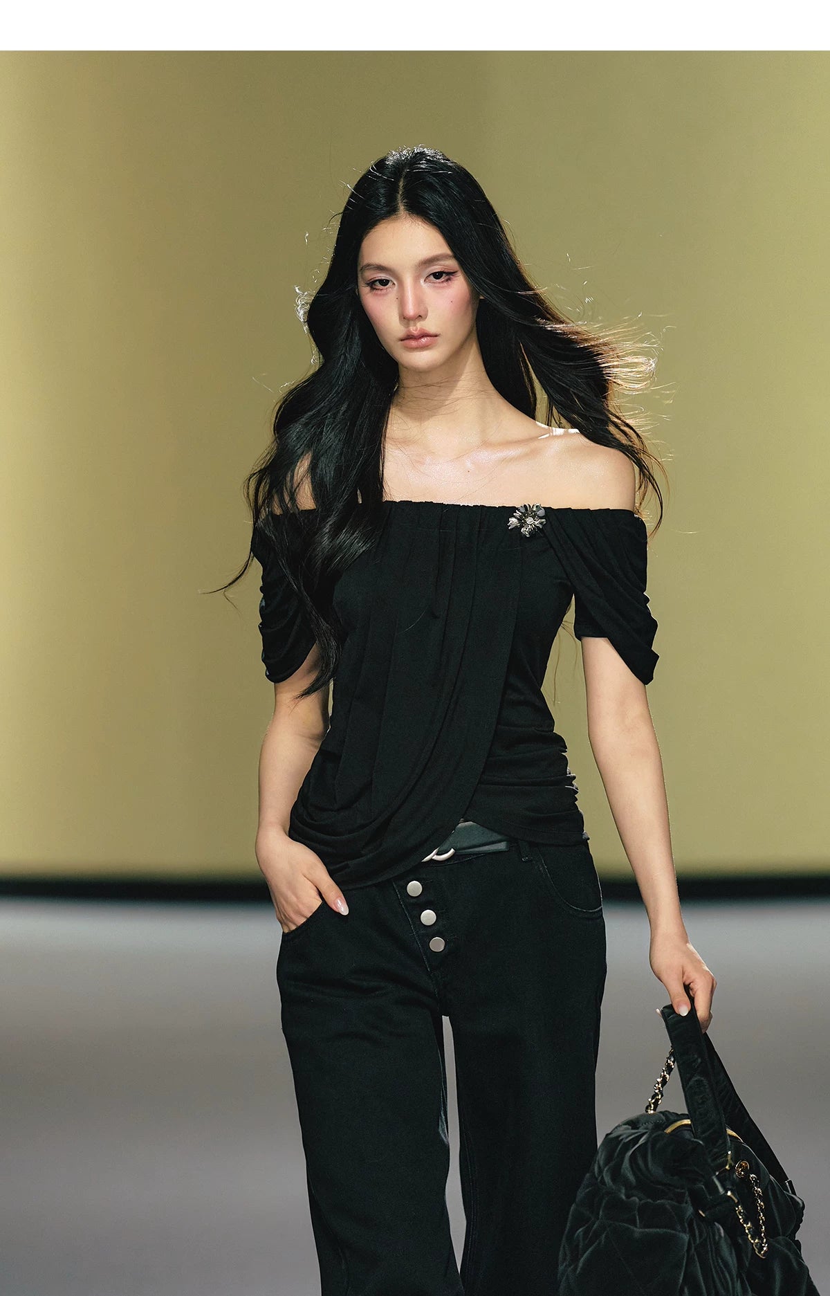 Off-Shoulder Draped Pleated Lyocell Top