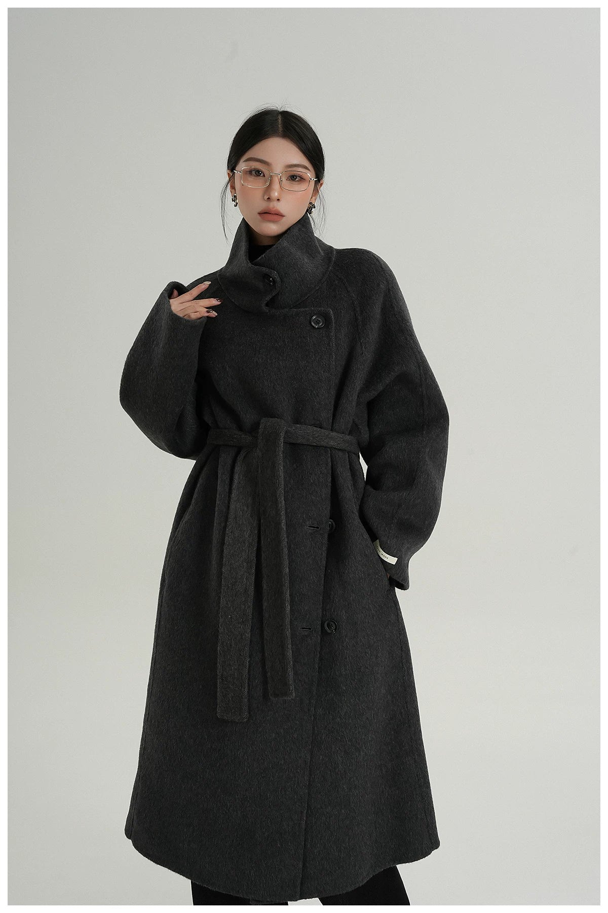 Stand-Collar Long Wool Double-Faced Coat