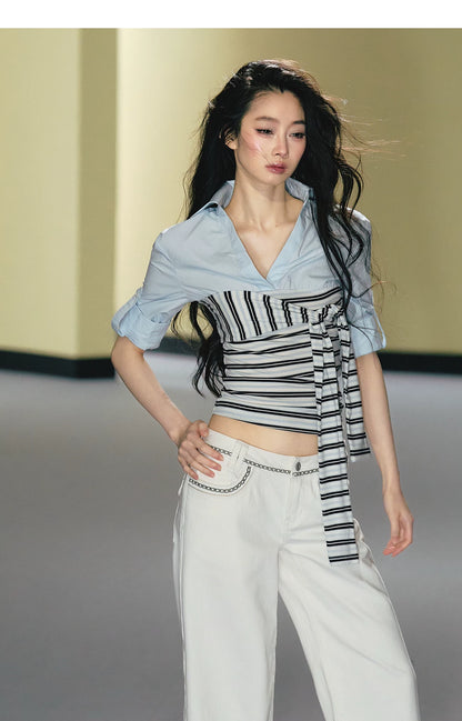 Layered Contrast Tie-Waist Shirt Top