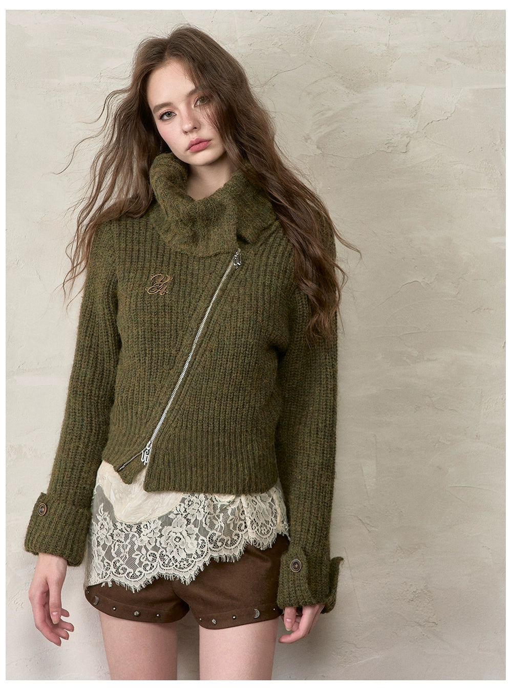 Oversized Lapel Asymmetrical Zip Knit Cardigan