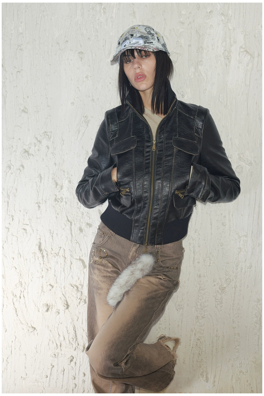Distressed Cropped Biker Leather Jacket