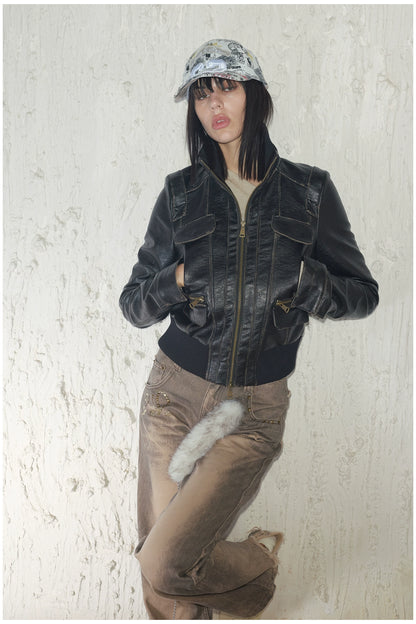 Distressed Cropped Biker Leather Jacket