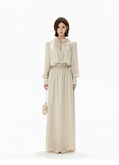 Elegant Ruffled Collar Satin Maxi Dress