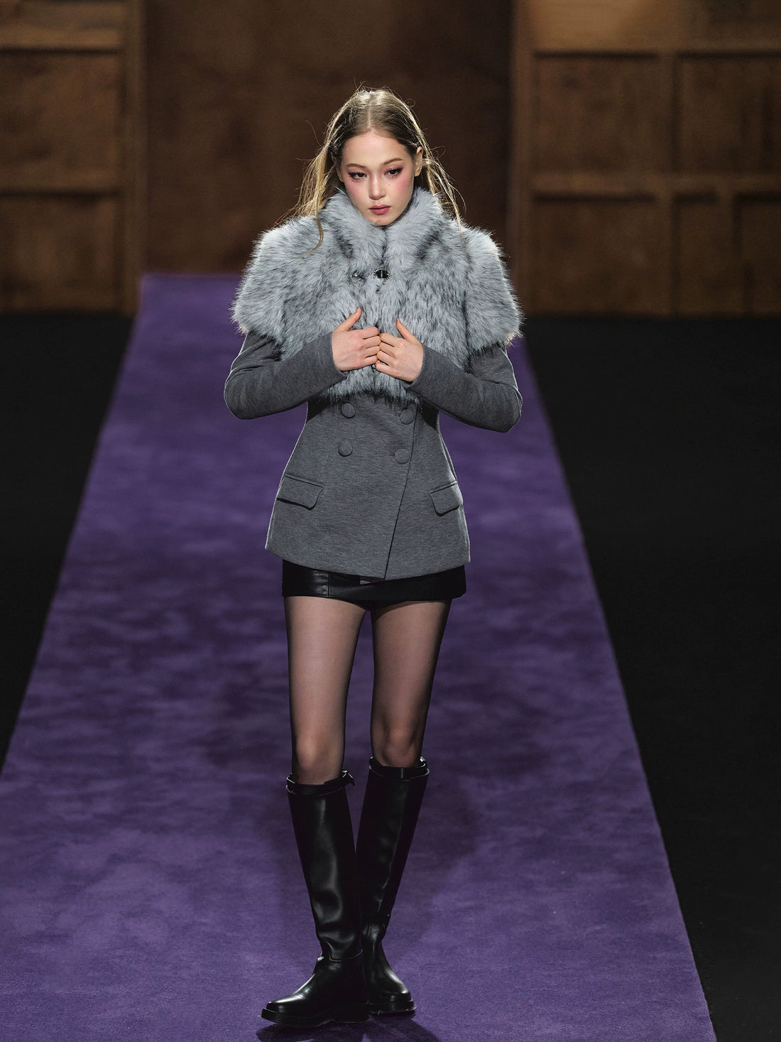 Faux Fur Collar Layered Double-Breasted Blazer Set