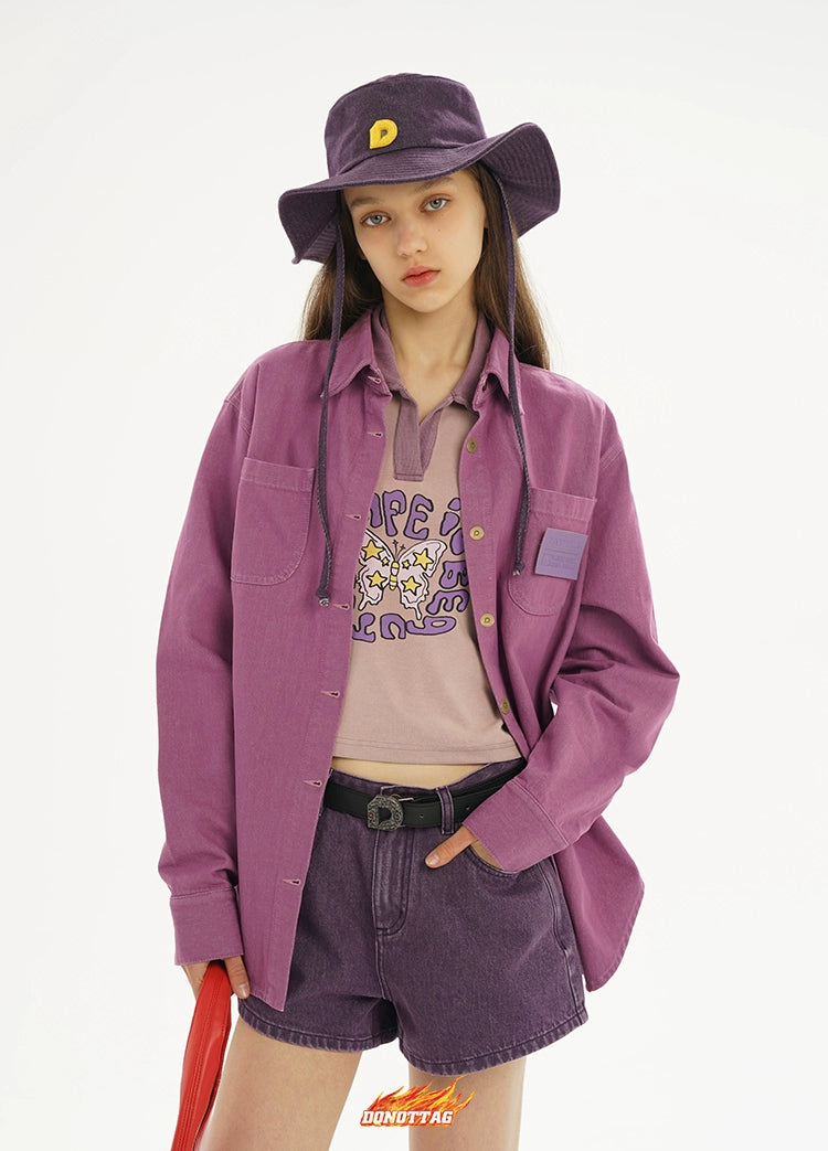 Purple &amp; Green Metal Button Pocket Denim Shirt - CHINASQUAD