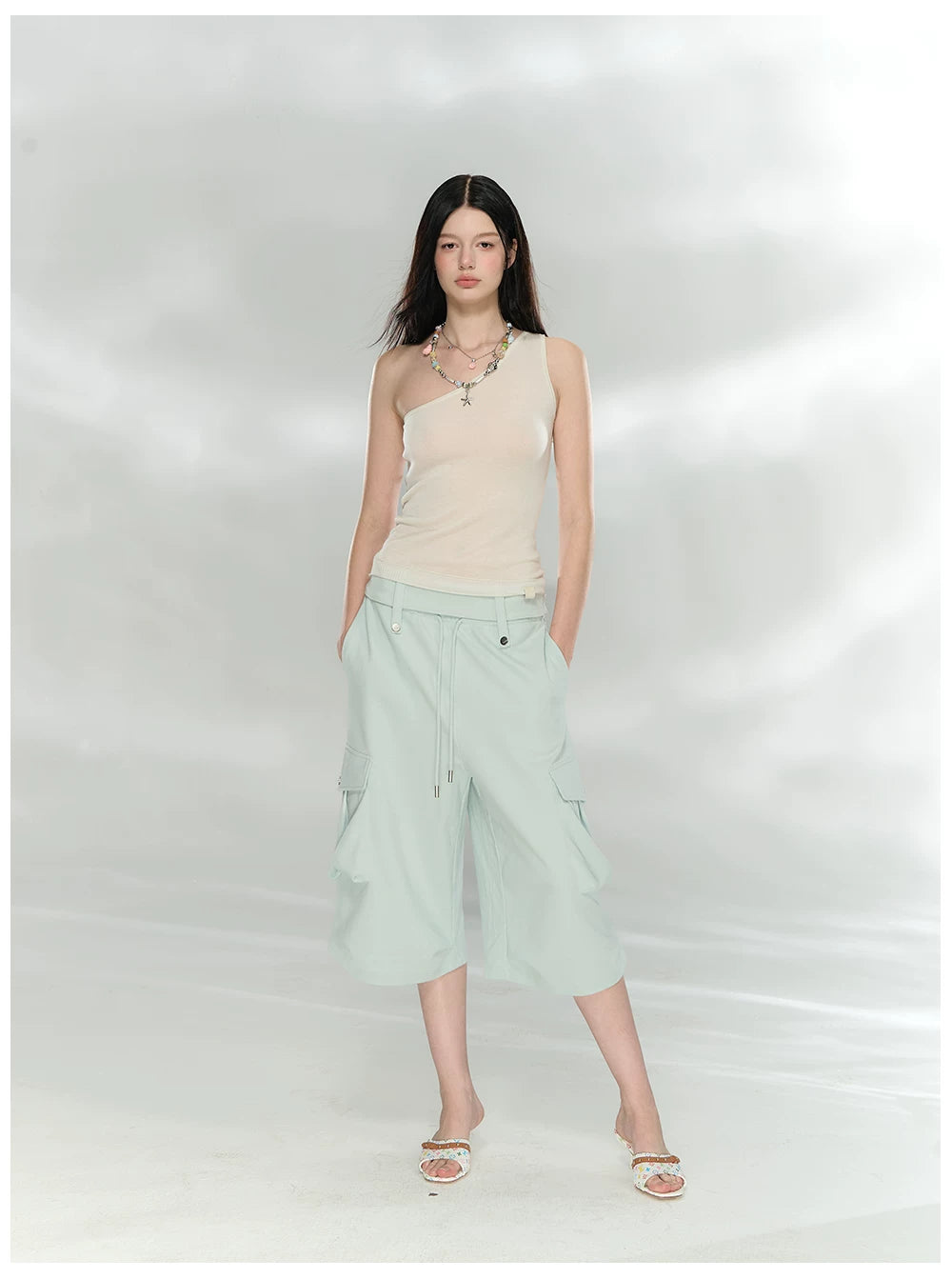 Asymmetric One-Shoulder Lyocell Blend Knit Tank Top