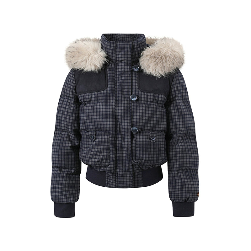 Fuzzy Plaid Down Faux Fur Collar Jacket