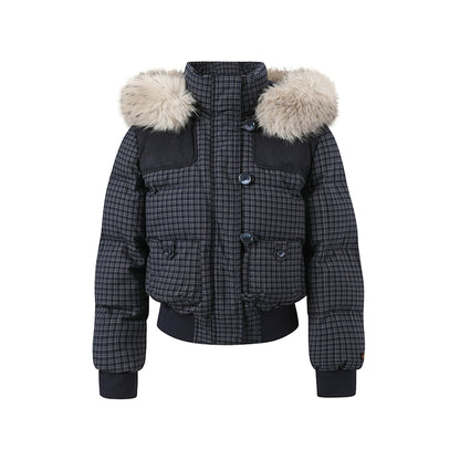Fuzzy Plaid Down Faux Fur Collar Jacket