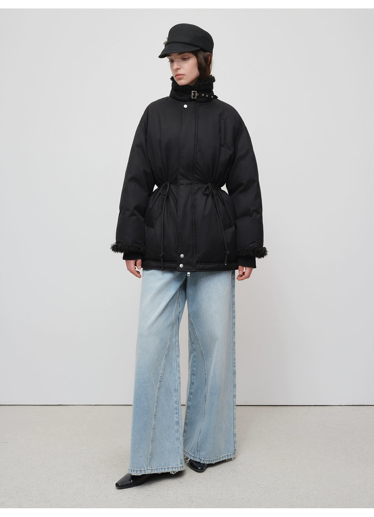 Black Longline Fleece Collar Windbreaker