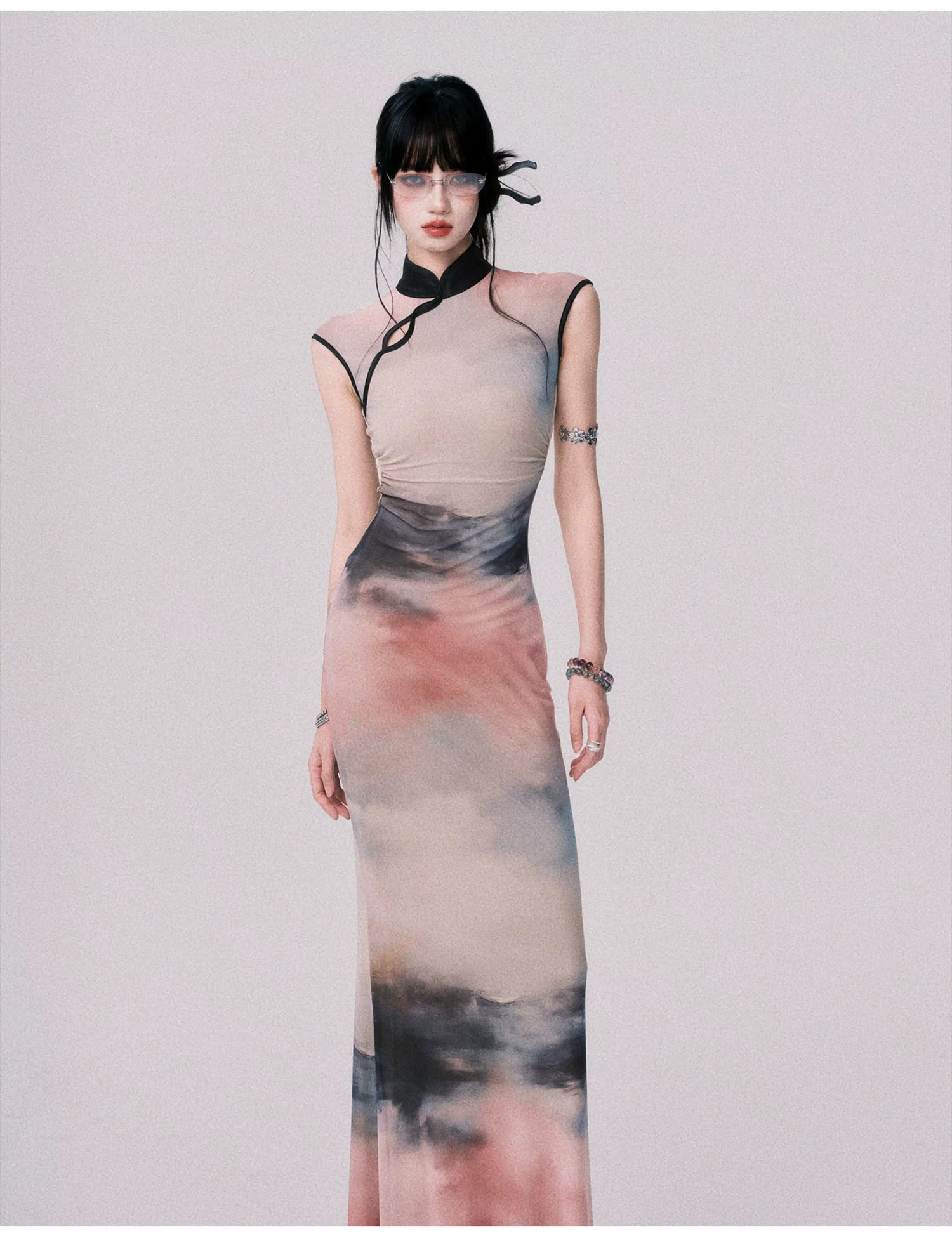 Stretch Mesh Cheongsam Maxi Dress