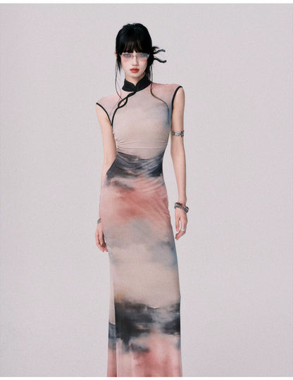 Stretch Mesh Cheongsam Maxi Dress