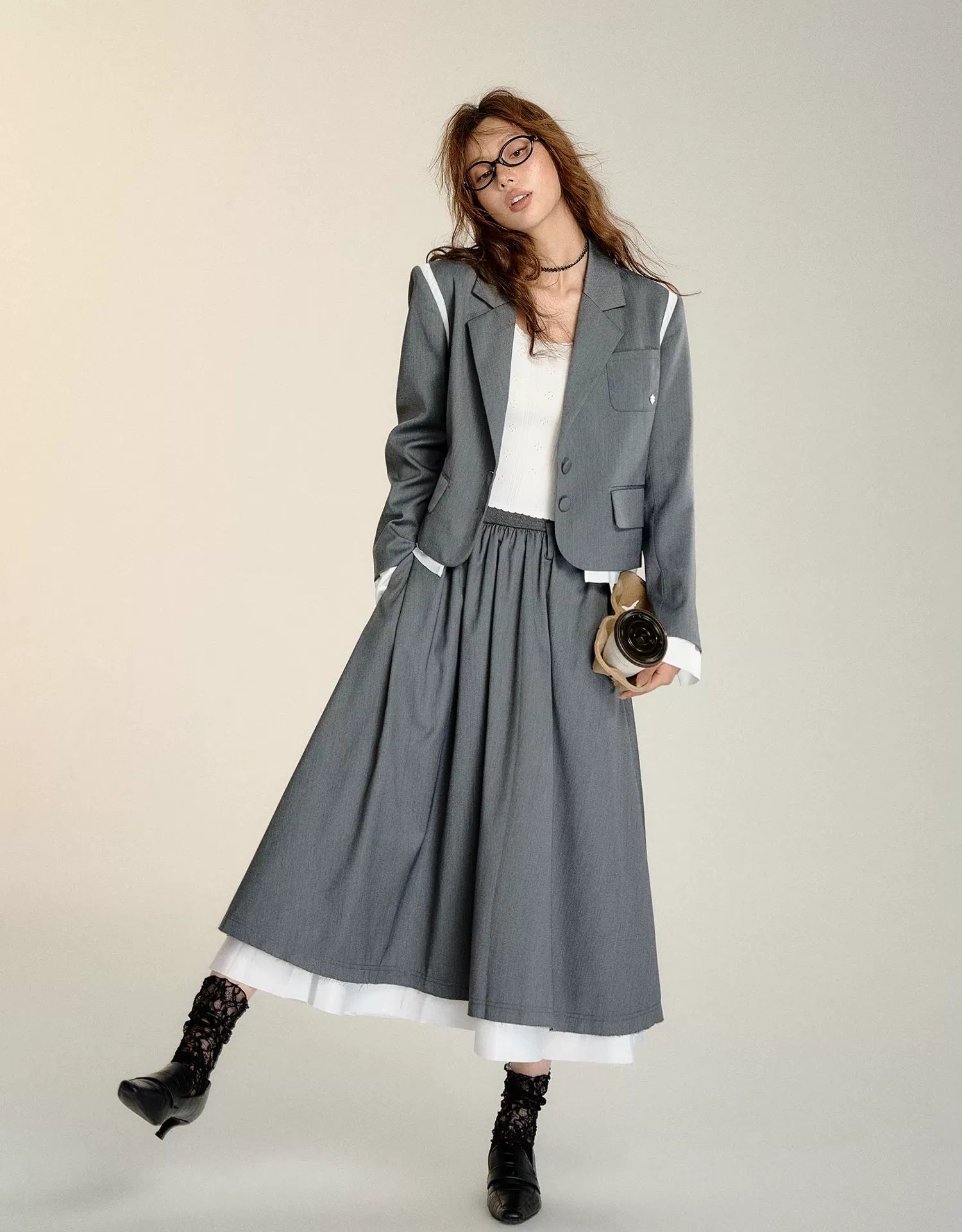 Gray Faux Two-piece Blazer &amp; Skirt Set