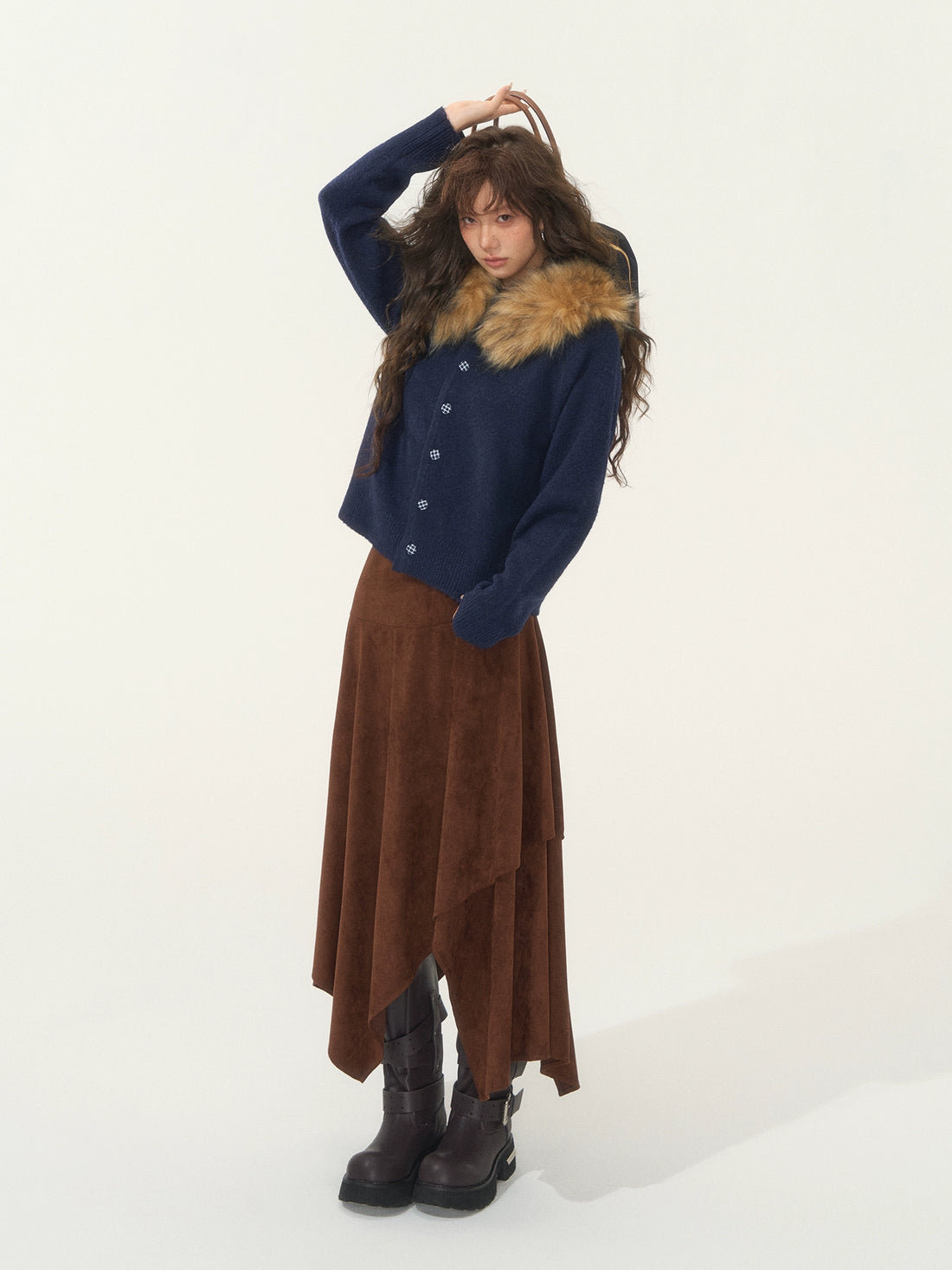 Asymmetric Faux Suede Midi Skirt