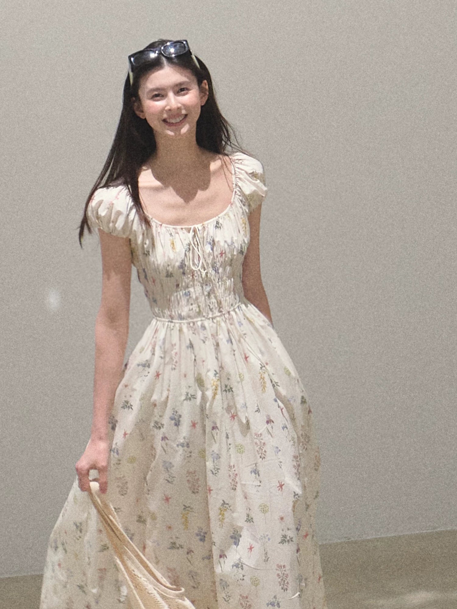 Botanical Graffiti Cotton Ruched Tie Dress