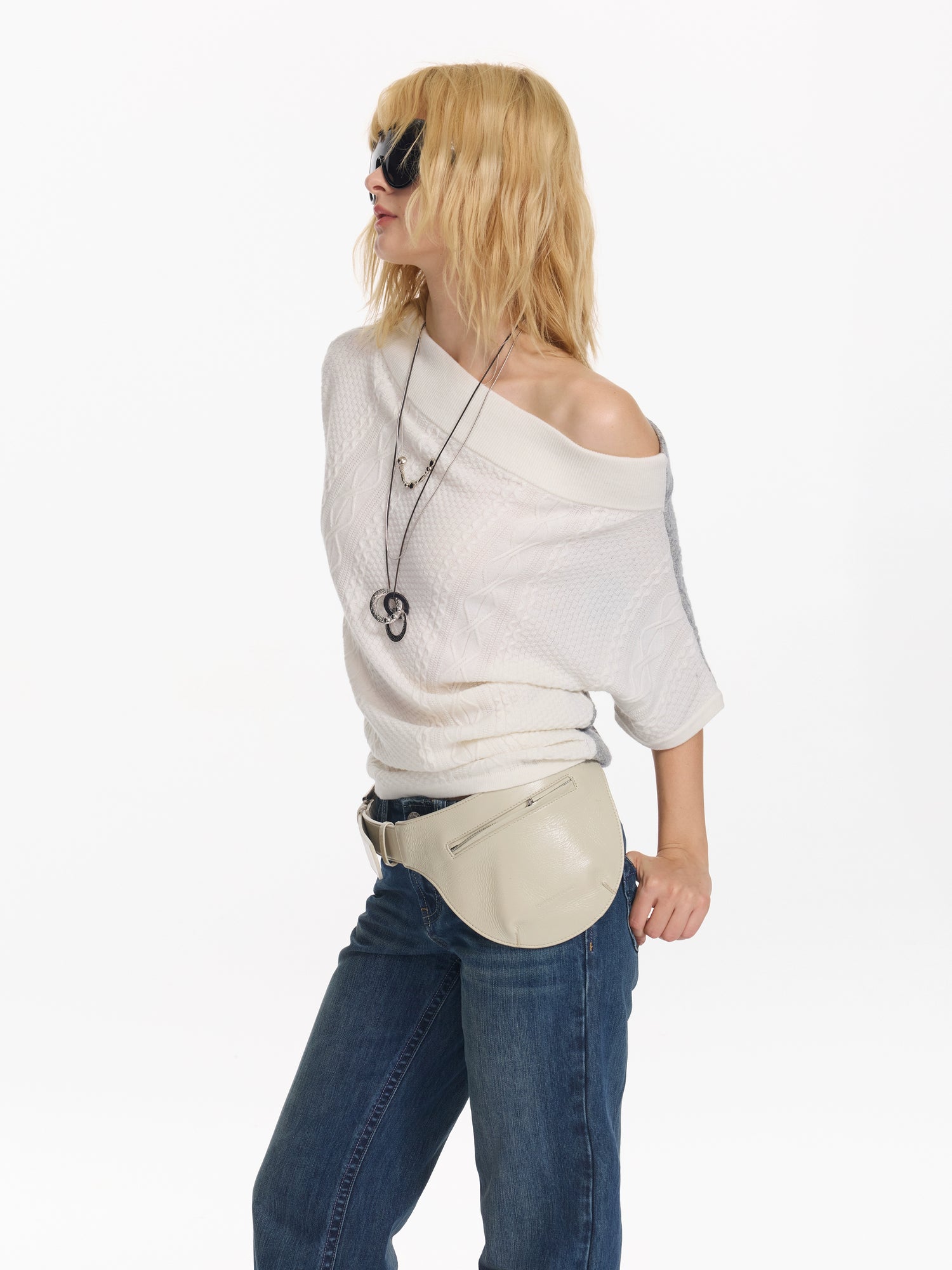 Diagonal Bat-Sleeve Knit Crewneck