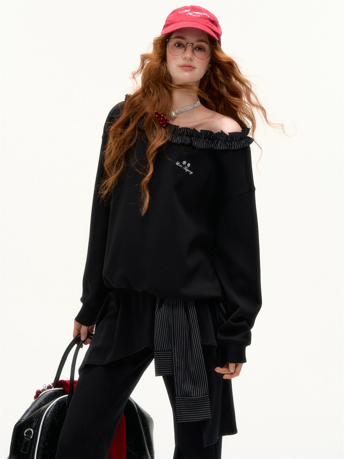Stripe Ruffled Off-shoulder Sweatshirt