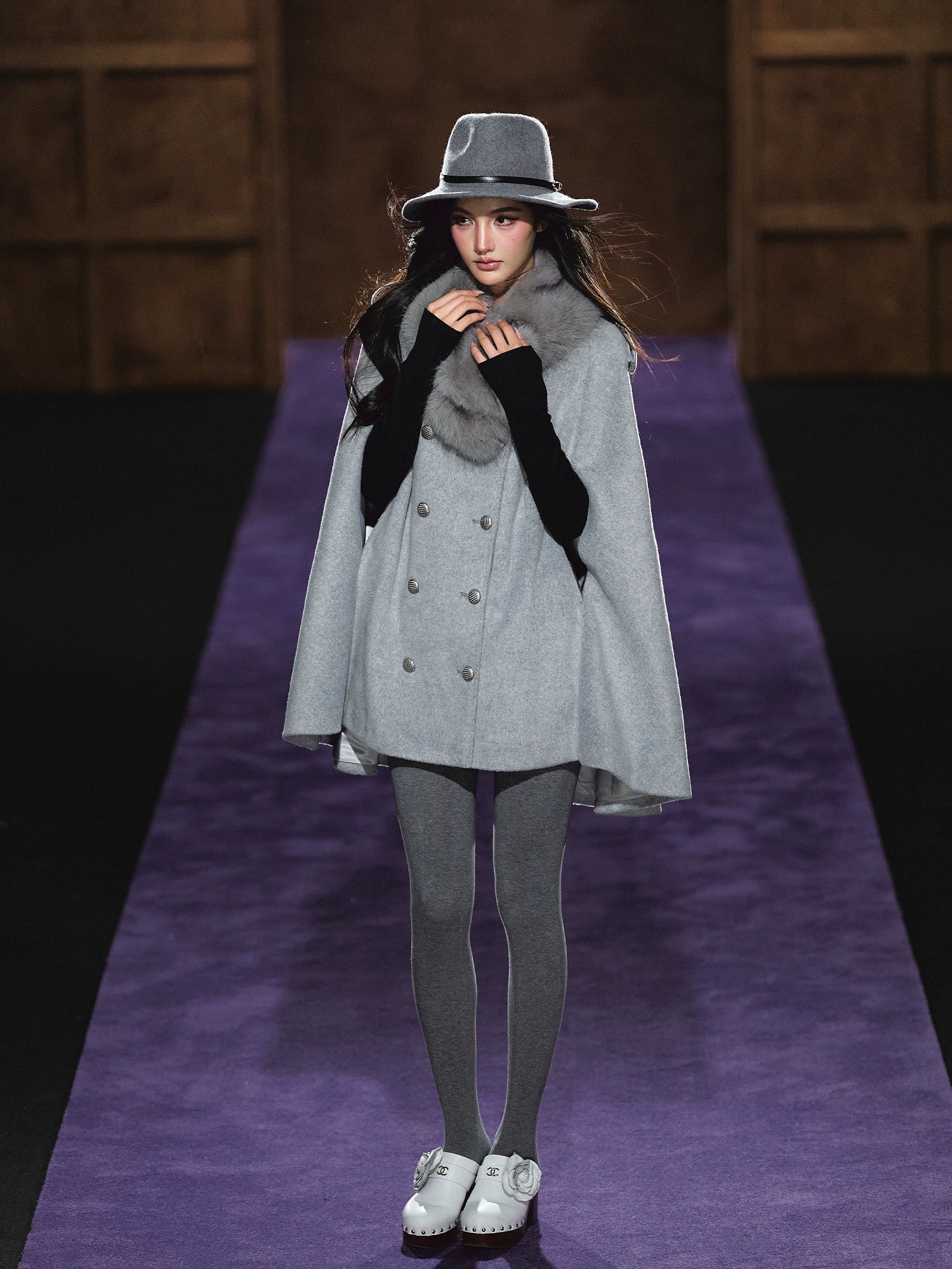 Wool-Blend Detachable Fur-Collar Cape Coat