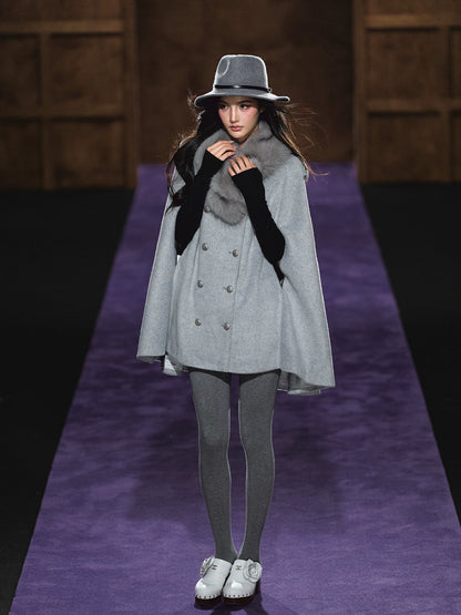 Wool-Blend Detachable Fur-Collar Cape Coat