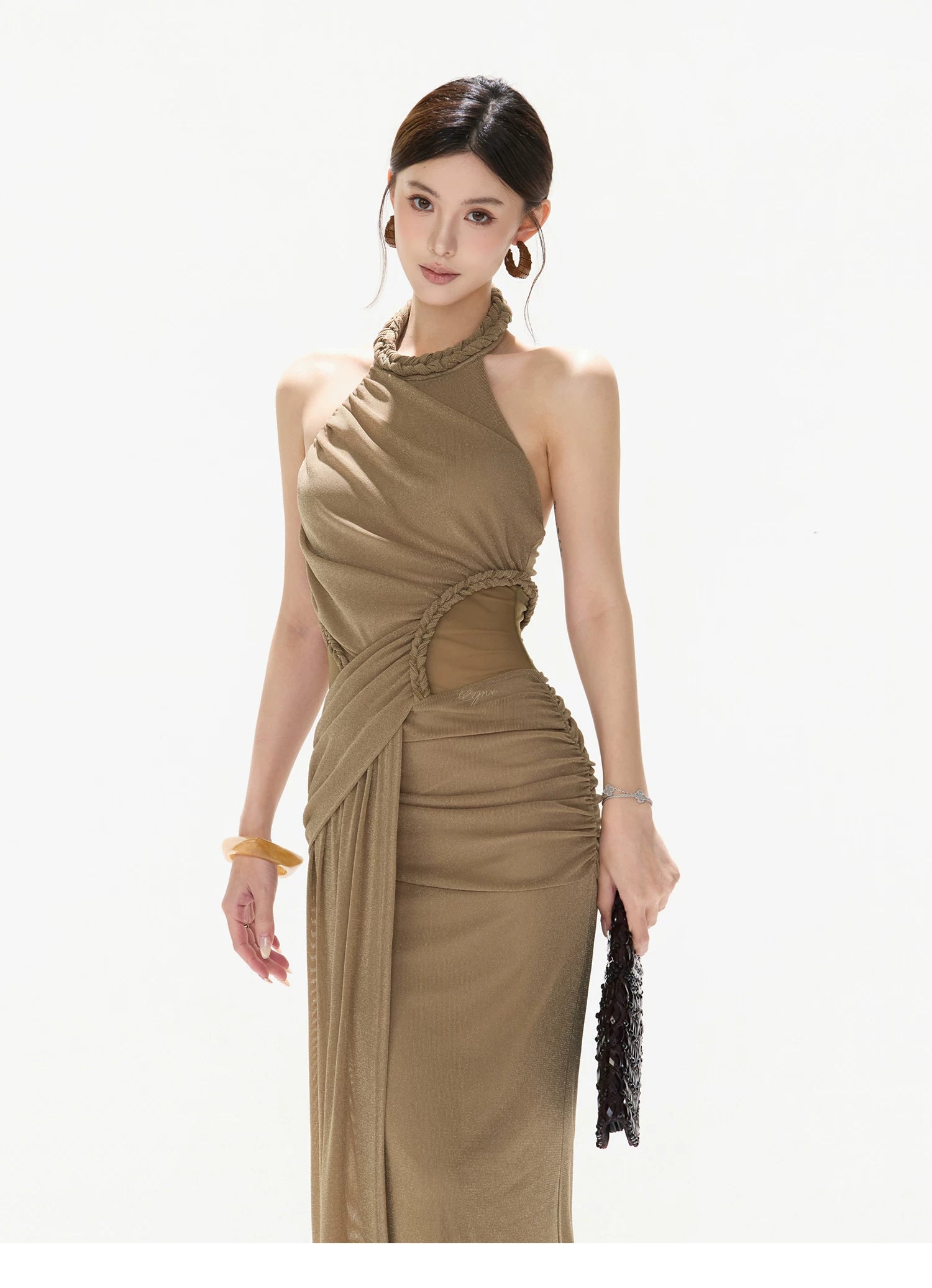 Elegant Ruched Mesh Halter Evening Dress