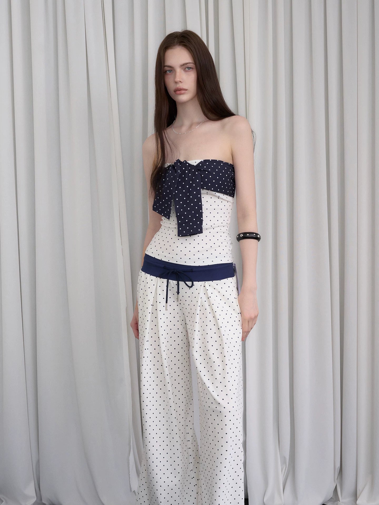 Polka-Dot Bandeau Top &amp; Straight-Leg Pants Set