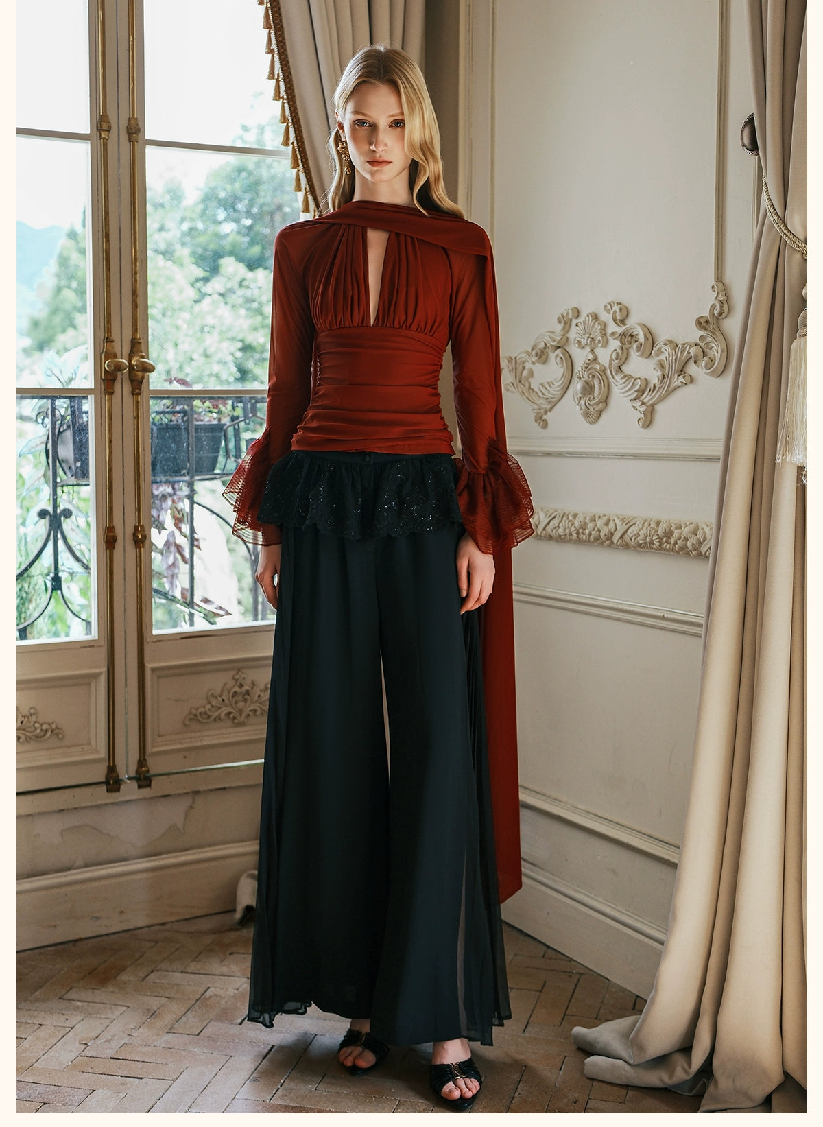 Layla Lace Ruffle Chiffon Wide-Leg Pants