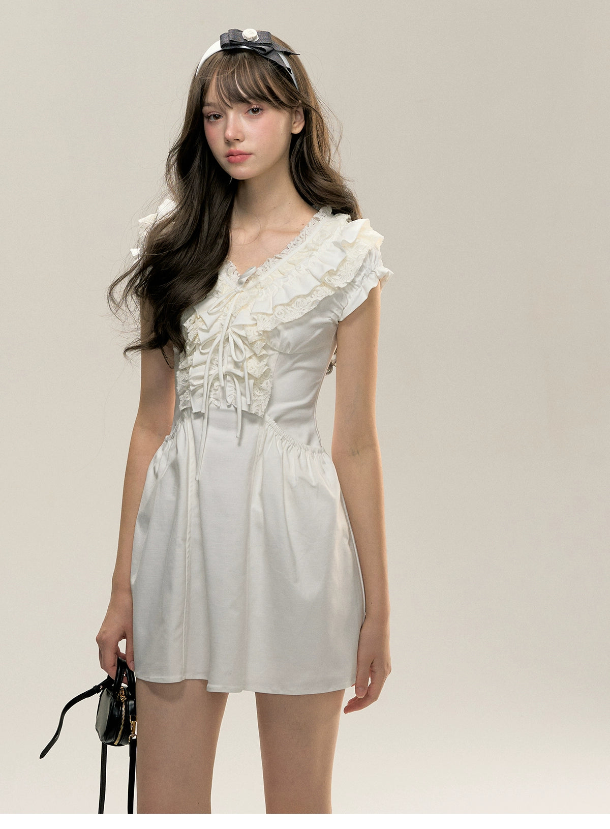 White V-neck Sleeveless Ruffled Lace Bow Dress