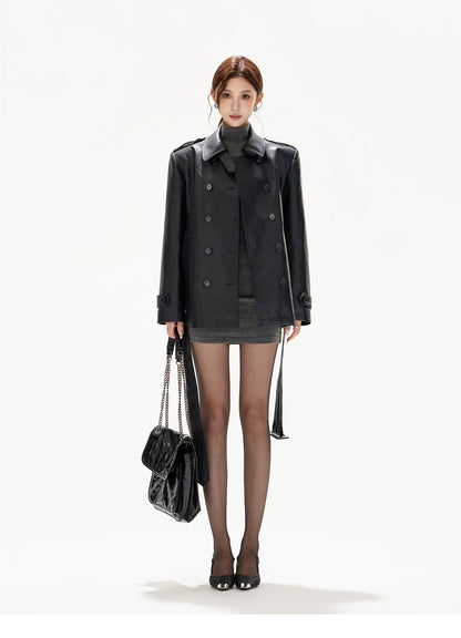 Double-Breasted Belted Faux Leather Jacket