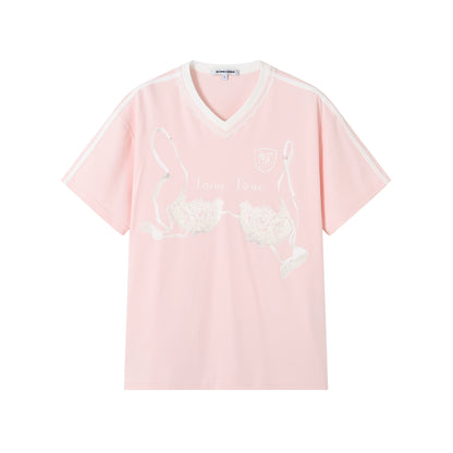 Pink Lace Collar Printed T-shirt