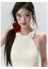 Red & Beige Rose Decor Crewneck Knitted Vest - CHINASQUAD