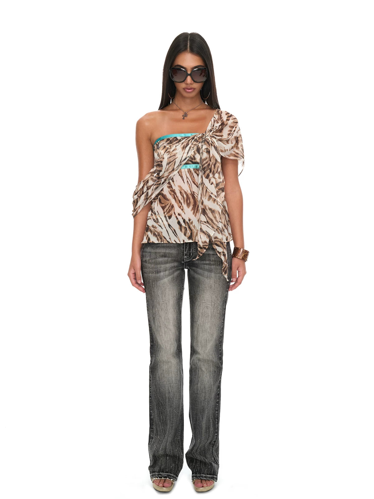Tiger Print Chiffon Draped Strapless Open-Back Ribbon Top