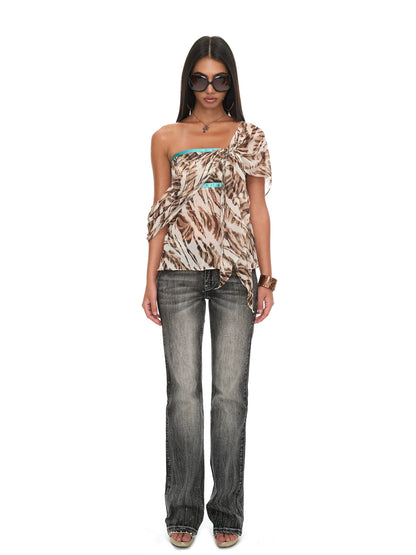 Tiger Print Chiffon Draped Strapless Open-Back Ribbon Top