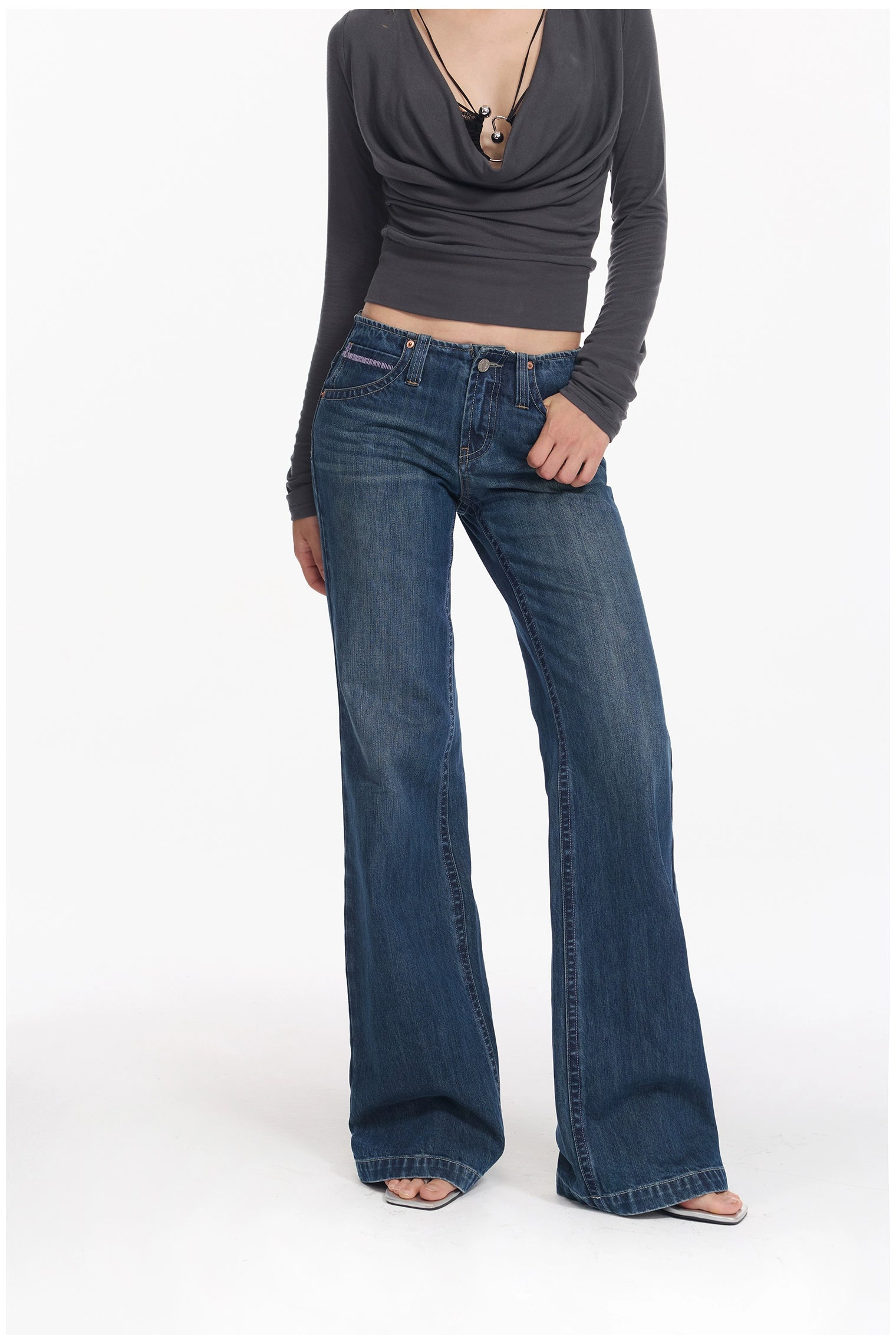 Washed Blue Embroidered Straight Jeans - CHINASQUAD