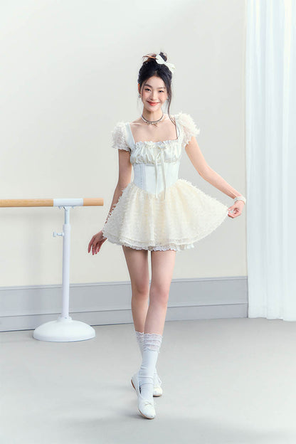 Ballet White Puffy High Waist Mini Dress - CHINASQUAD