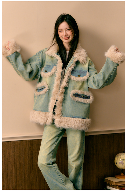 Fleece Patchwork Denim Jacket - CHINASQUAD