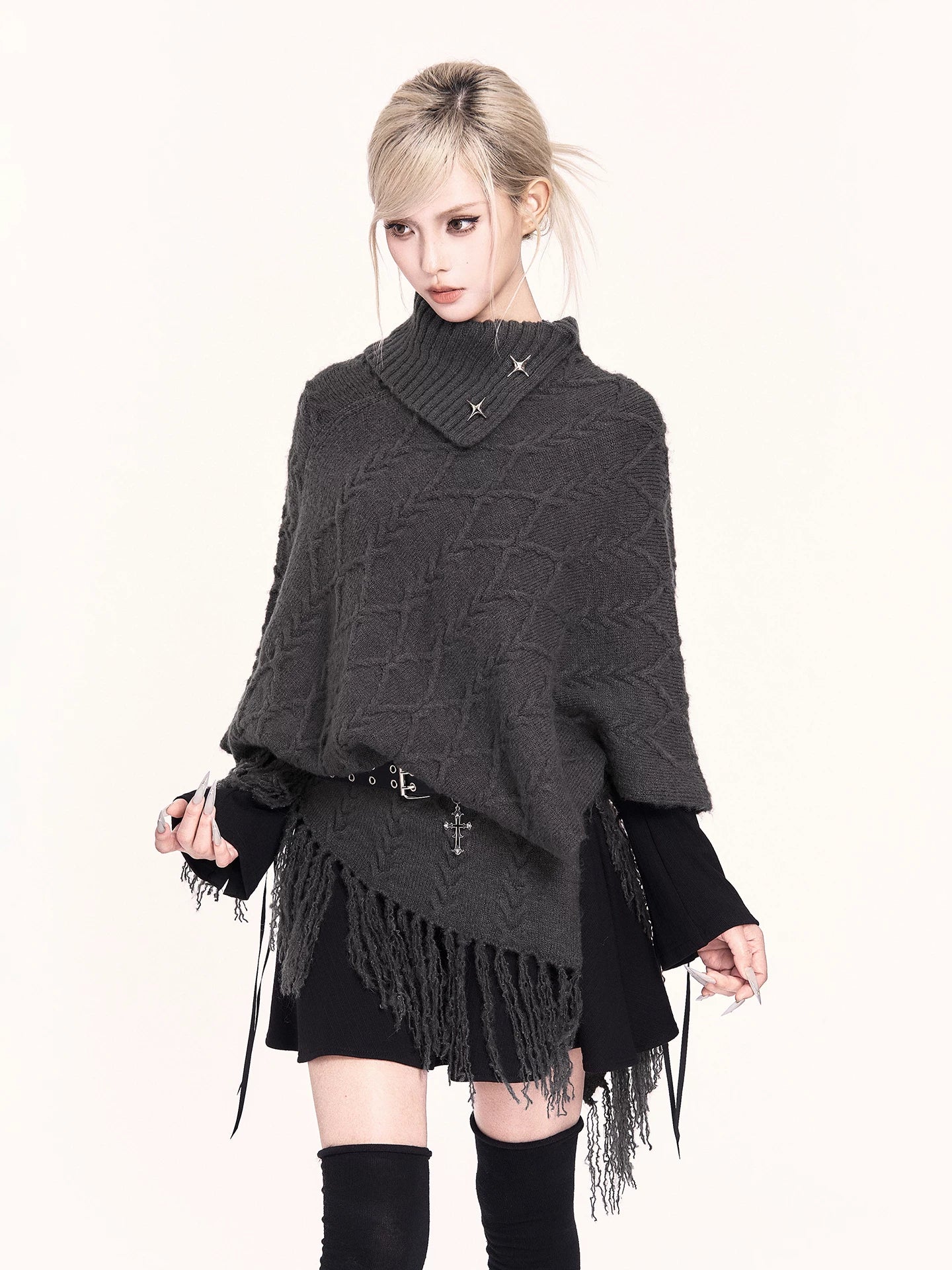 Asymmetric Turtleneck Knit Cape