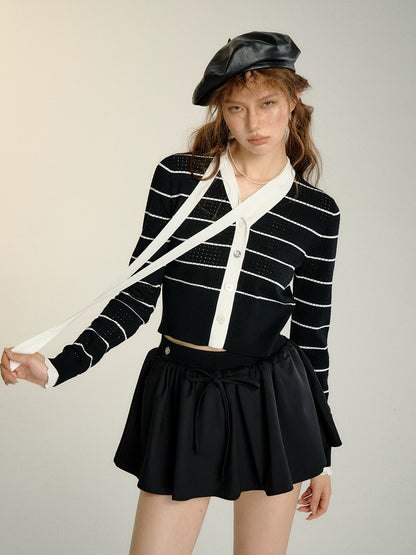 Black &amp; White Striped Ribbon Detail Cardigan