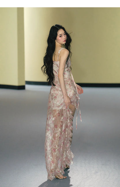 Misty Blush Lace-Panel Slip Maxi Dress