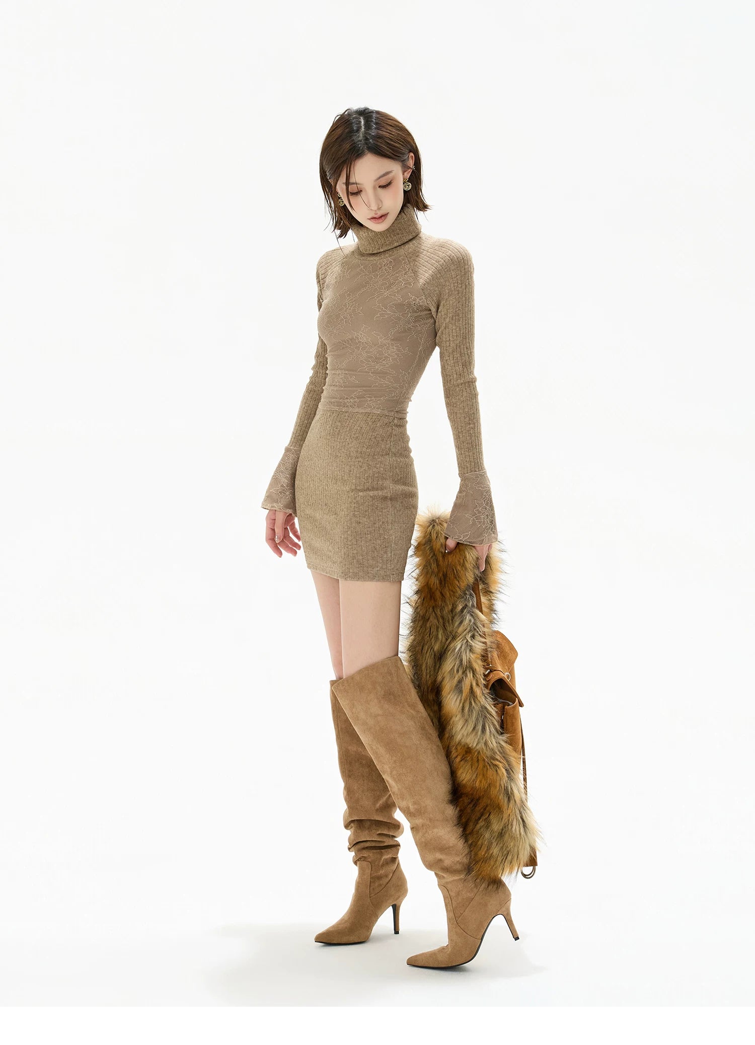 Lace High-Neck Knit Mini Dress