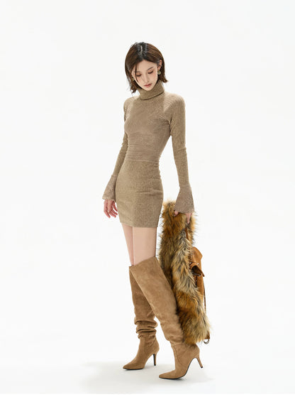 Lace High-Neck Knit Mini Dress