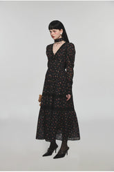 Bear Floral Lace Waist-cinching V-neck Midi Dress - CHINASQUAD