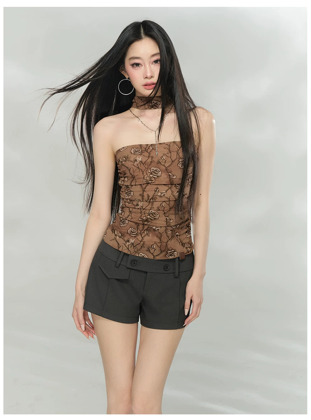 Floral Mesh Choker-Neck Strapless Top