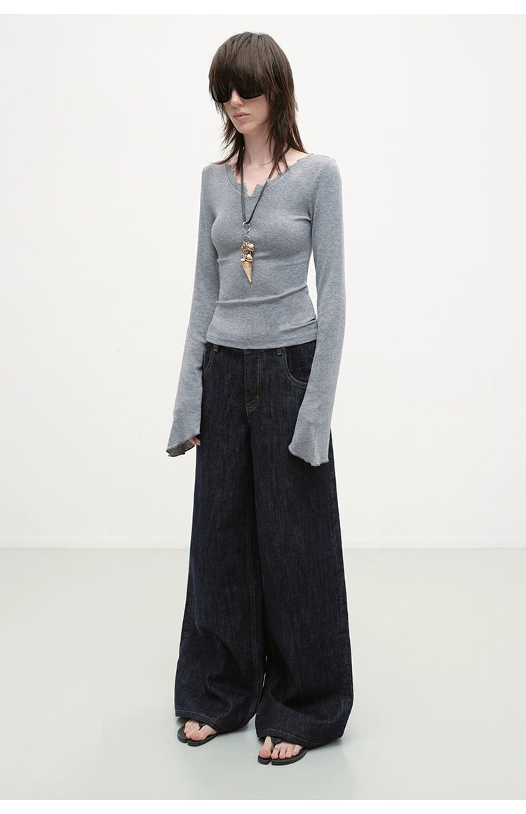 Lace V-neck Slim Long-Sleeve T-shirt