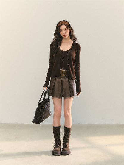 Coffee A-Line Belted Pleated Leather Skirt