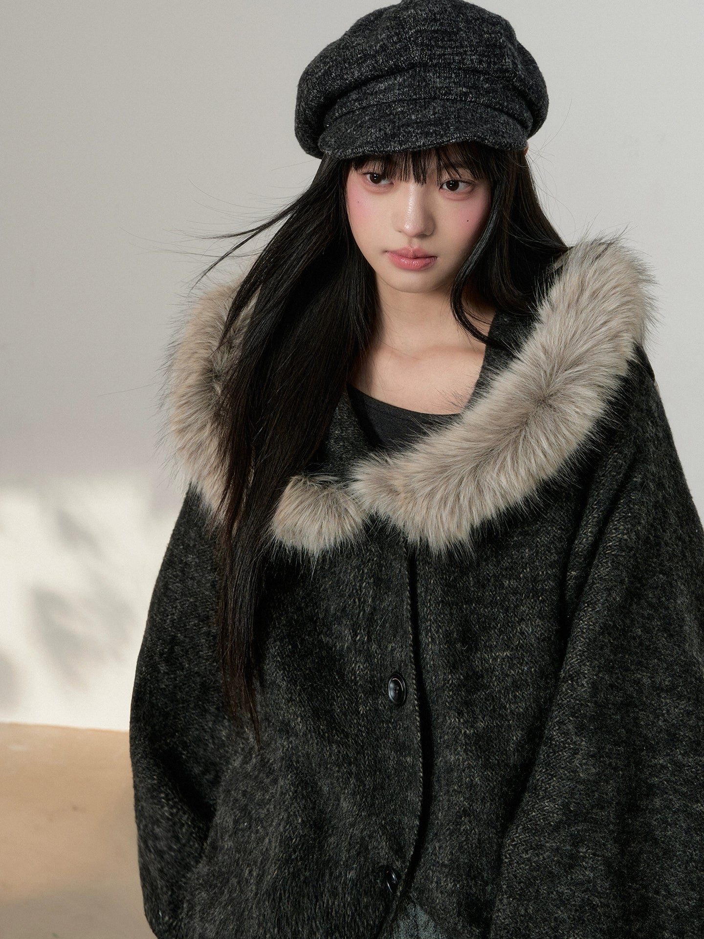 Fur Collar Wool-Blend Batwing Cape