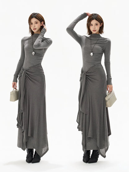 Half-High Neck Tie-Detail Knit Maxi Dress