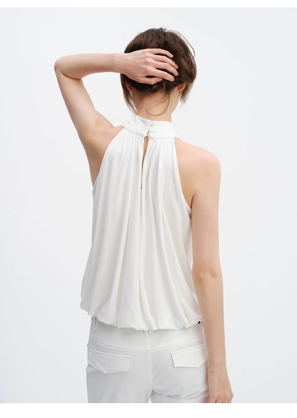 Lyocell Bubble Hem Halter Neck Blouse