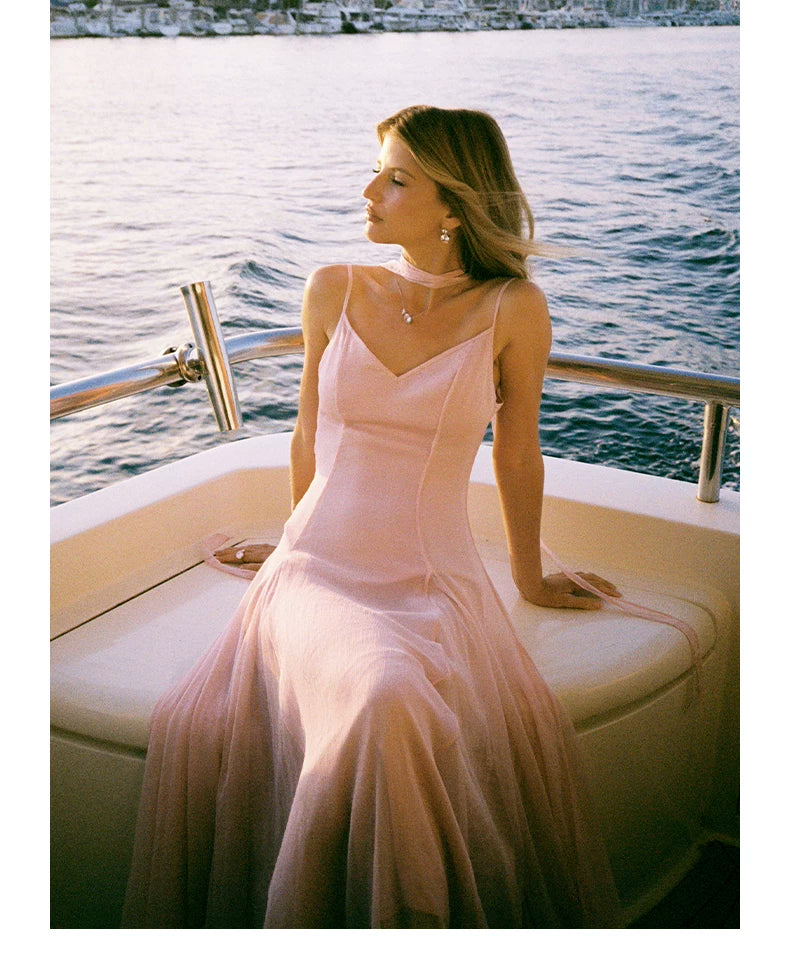 Sheer Bow-Detail Draped Maxi Dress