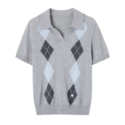 Diamond Panel Colorblock Polo Knit Top